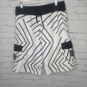 Molokai White Dark Brown Striped Swim Trunk Board Short Leg Pockets Sz 34